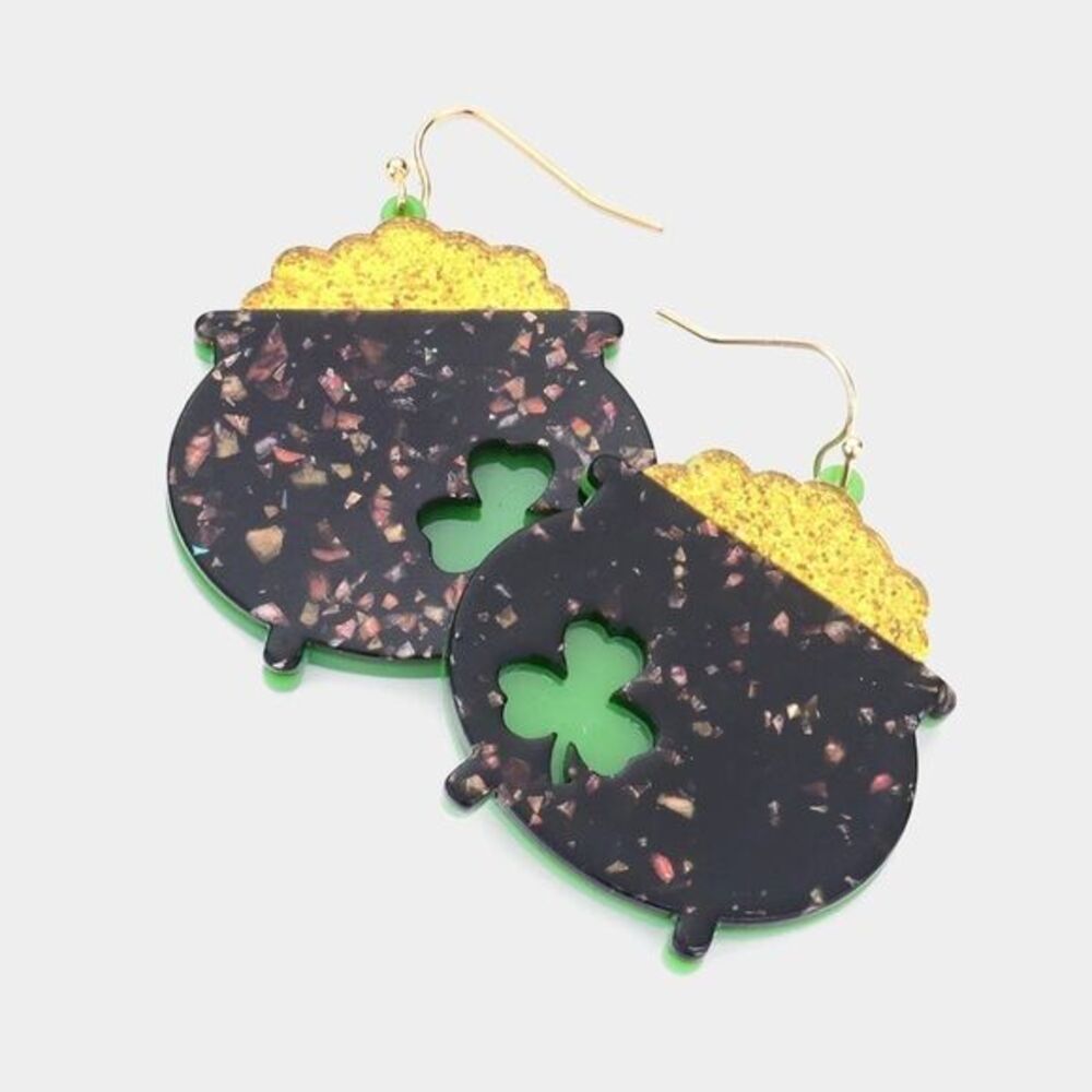🏷️ St. Patrick's Day Glitter Resin Pot of Gold Shamrock Dangle Earrings